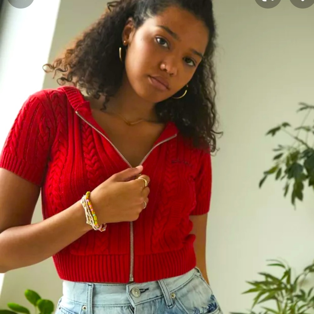 BDG Cable Knit Zip-Through Red Hoodie